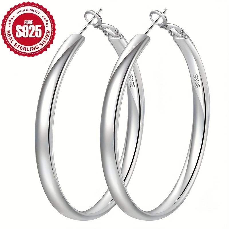 [Sterling Silver Hoop Earrings] A Pair Of 925 Sterling Silver Women's Round Earrings, Hypoallergenic Large Silvery Hoop Earrings, Lightweight Thick Silvery Hoop Earrings 5MM Wide Women's Large Hoop Earrings (30/40/50/60/70MM) (30mm Silvery Weight 3.2, 40m