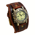 Brown Gothic Punk Men'S Wide Leather Cuff Wristwatch for Halloween