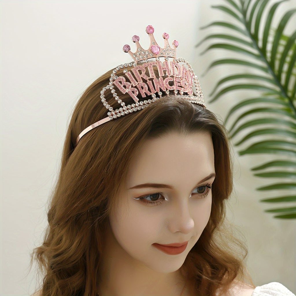 1pc Birthday Princess Letter Crown Headband Rhinestone Decoration Glitter Hair Accessories Birthday Party Hair Accessories
