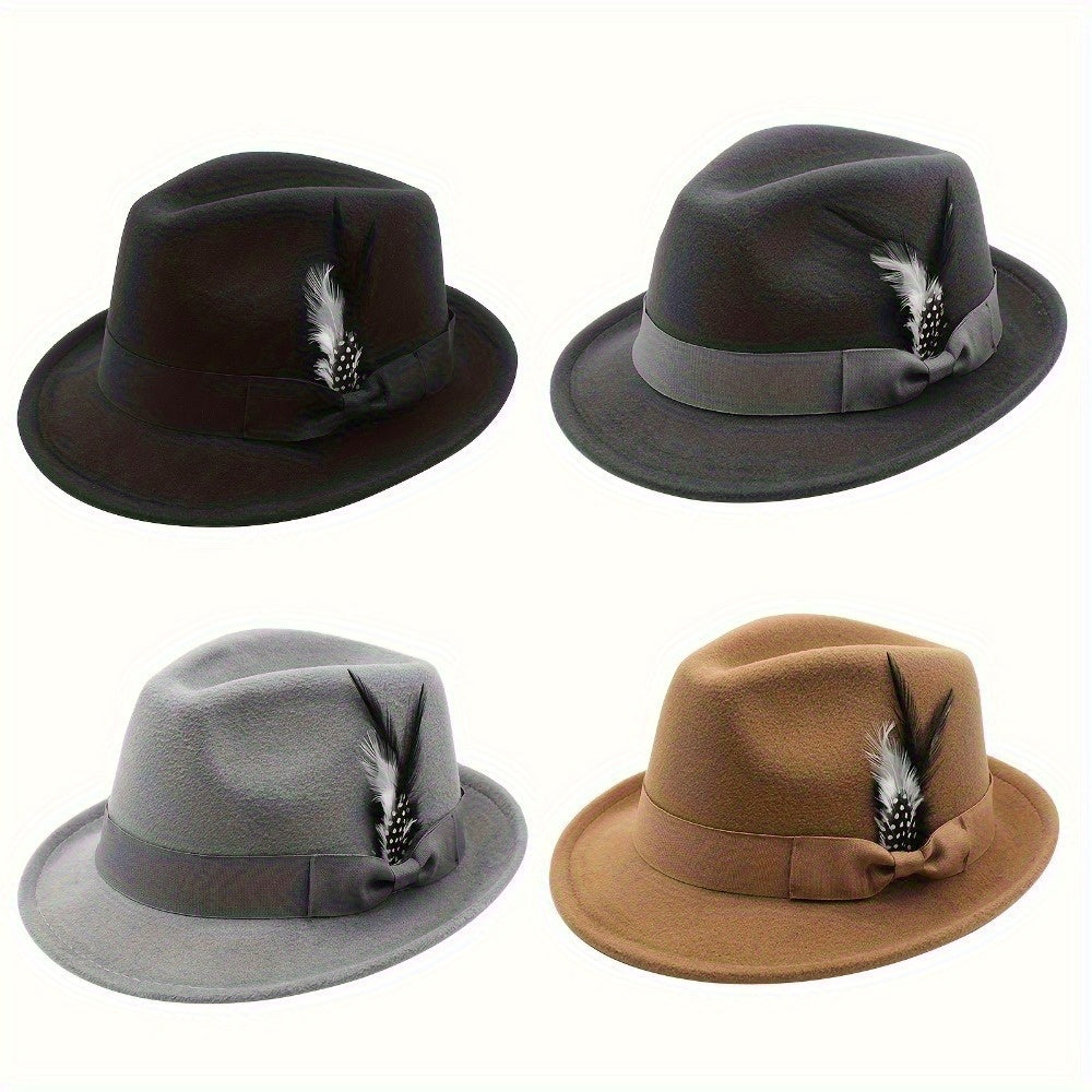Flongo Classic Short-brimmed Felt and Feather Hat for Men and Women, Panama Hat