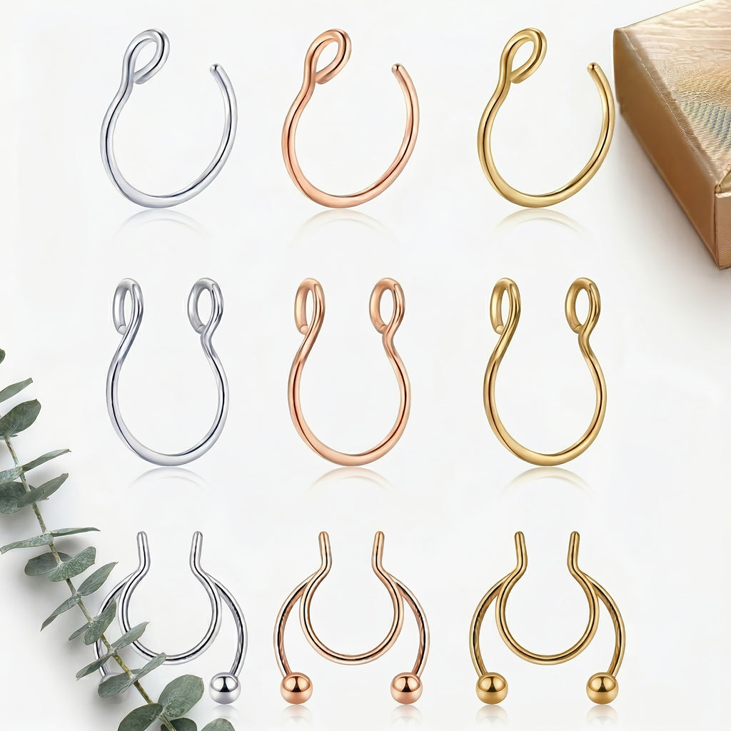9/16/28pcs Fashion Fake Septum Fake Nose Rings Hoops, Faux Nose Piercing Hoop Clip On Nose Rings, Non Piercing Sparkling Body Piercing Jewelry for Women Men
