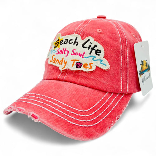 "Beach Life Salty Soul Sandy Toes" Baseball Cap-Local Artist Designed, Vintage, Distressed, Embroidered, 100% Cotton, UV Protection, Adjustable