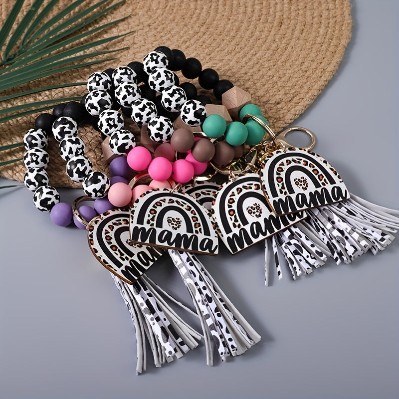 5pcs Set Of Cow Patterned Beads Monochrome Beads Beaded Wrist Keychains Cow Patterned Tassel Leopard Print Charm Keychains Holiday Gifts for Mothers Mother's Day Gifts