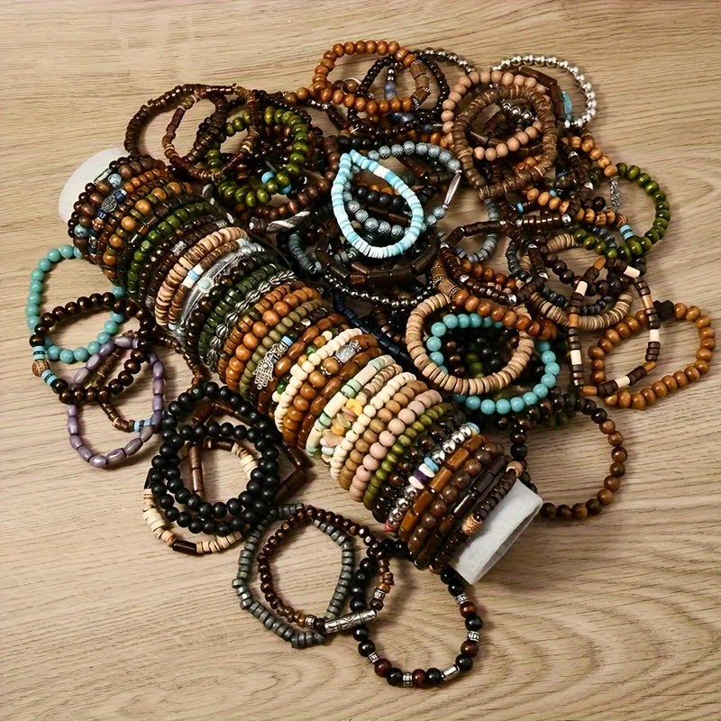 36-Pack Assorted Wooden Beaded Bracelets, Uncoated Metal, Zinc Alloy Charms, Women's Men's Fashion Jewelry, Handmade, Christmas Gift, Random Selection