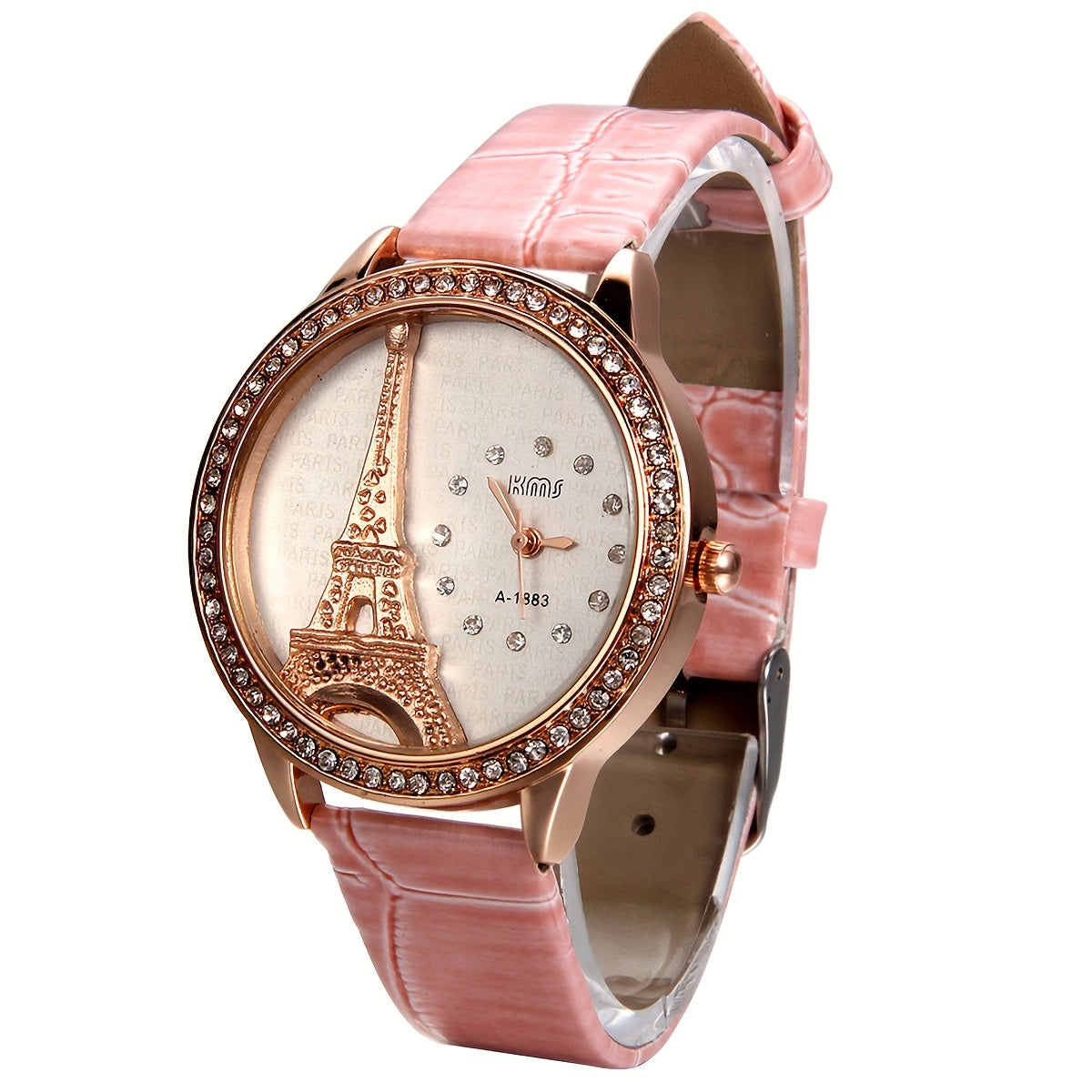 Jewelrywe Womens Fashion Eiffel Towel Rhinestone Dial Faux Leather Band Wristwatch Quartz Watch