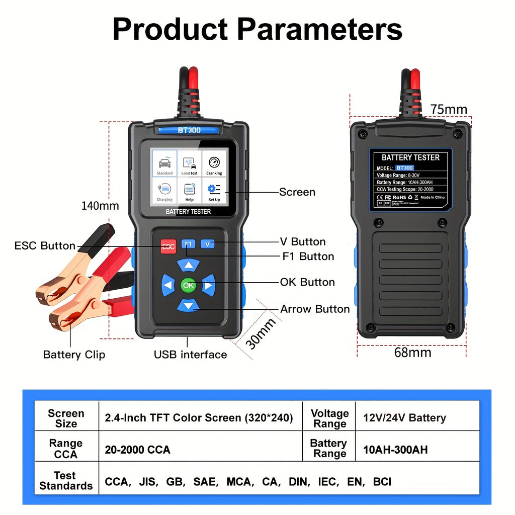 Battery Load Tester 12V Automotive, 20-2000 CCA Automotive Battery Tester And Alternator Tester for 24V Vehicles, BT300