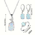 [Party Jewelry Set] 4pcs Set 925 Silver Easy Fashion Elegant Water Drop Opal Pendant Necklace Earrings And Ring Women's Additions Party Jewelry Set
