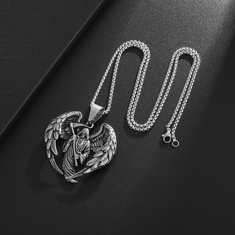 Men's 316L Stainless Steel Gothic Skull with Wings & Reaper Pendant - Heavy Duty Punk Jewelry Suitable for Concerts, Casual Attire & Reaper Events - 316L Stainless Steel Necklace