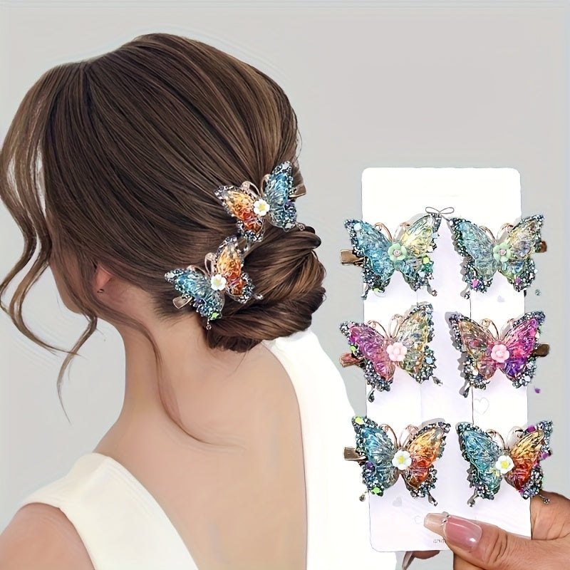 12pcs/set New Luxury Shiny Sequin Double-layer Butterfly Clip, Women'S Fashionable Double-layer Acrylic Butterfly Hair Clip, Suitable For Daily And Holiday Party Wear, Women'S Y2k Headwear Hair Accessories
