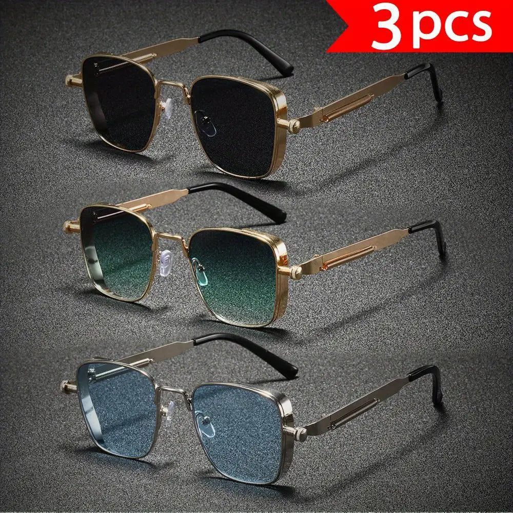 3 Pairs Punk Style Rectangular Glasses- Unisex Cyberpunk Fashion Glasses with Black& Golden Frames, Decorative Lenses for Men& Women, Casual& Formal Wear, Stylish Eyewear, Durable Eyewear, Casual Wear, Formal Accessories, Rectangular Frames, Sturdy Constr