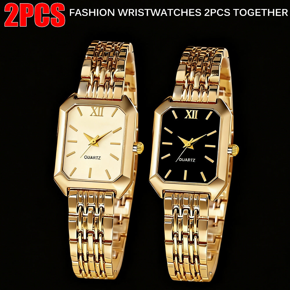 2pcs Women's Elegant Golden-Tone Watch Set - Stainless Steel Quartz Analog Wristwatches with Rectangular Dial & Round Case, Non-Shock Resistant Suitable for Casual/Dressy,,, Special Occasions
