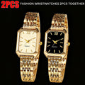 2pcs Elegant Luxurious Gold-tone Women'S Watch Set | Casual Rectangular-dial Analog Wrist Watches with Stainless Steel and Band, Non, Shock-resistant, Special Gift for Women