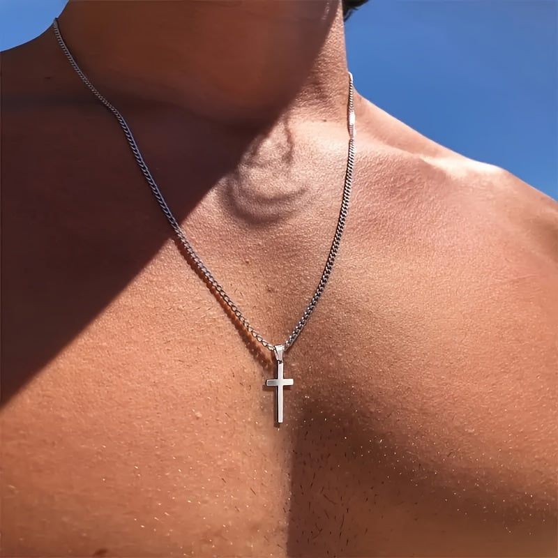 1 men's fashionable cross pendant necklace, plated with 18K golden Cuban chain, stainless steel men's minimalist casual necklace