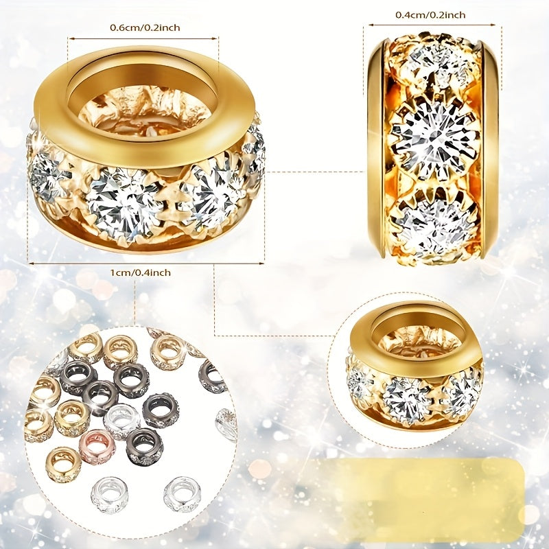 40pcs Golden & Silvery Large Hole Rondelle Beads DIY 10mm Rhinestones Spacer Beads, Large Hole Rondelle Beads for DIY Jewelry Making - Charm Bracelet & Necklace Craft Supplies
