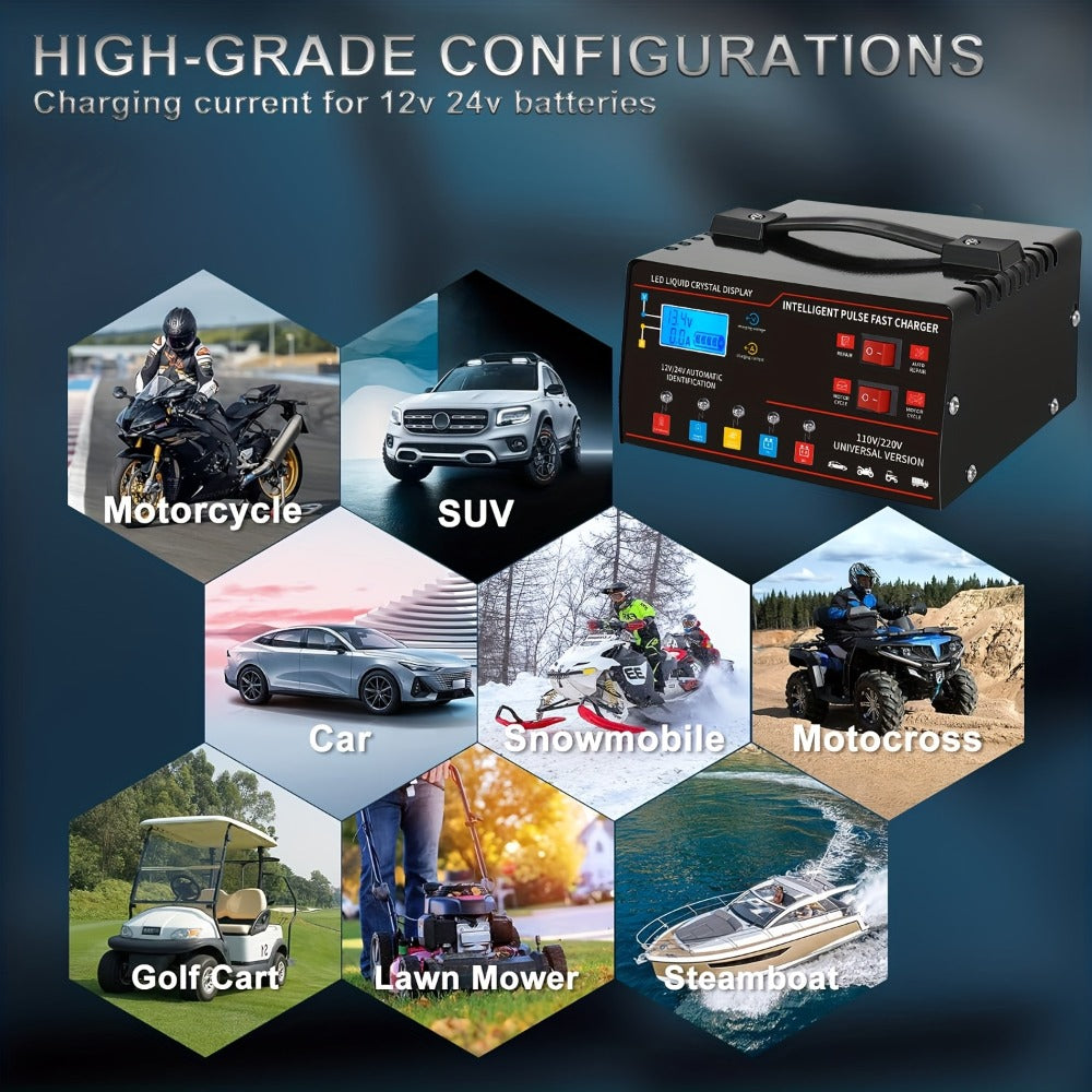12V&24V Intelligent Universal Battery Charger With LCD Display, Smart Repair, Temperature Compensation, Overcharge And Short Circuit ProtectionSuitable For Intelligent Trickle Charging Of Cars, SUV, Trucks, Yachts, Motorcycles Battery Maintenance