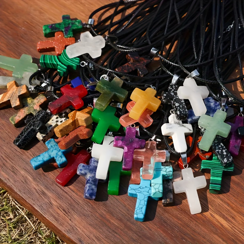 50pcs Mixed Natural Stone Cross Pendant - 25pcs Fashionable Cross Pendant With 25pcs Adjustable Black Faux Leather Necklaces Quartz Faux Jewelry For DIY Necklace, Bracelet, And Earring Making
