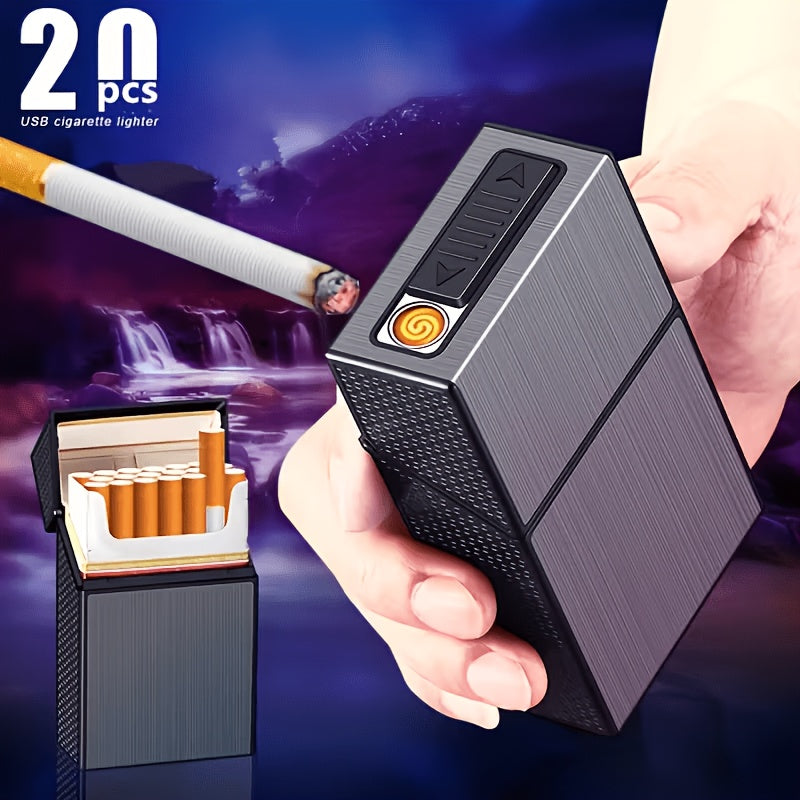 2 in 1 for Men, Holds 20 Cigarettes, with Built-In Rechargeable Ignition, Windproof, Flip-Top Design, Pressure & Moisture Resistant, Stylish for Business And Casual Use