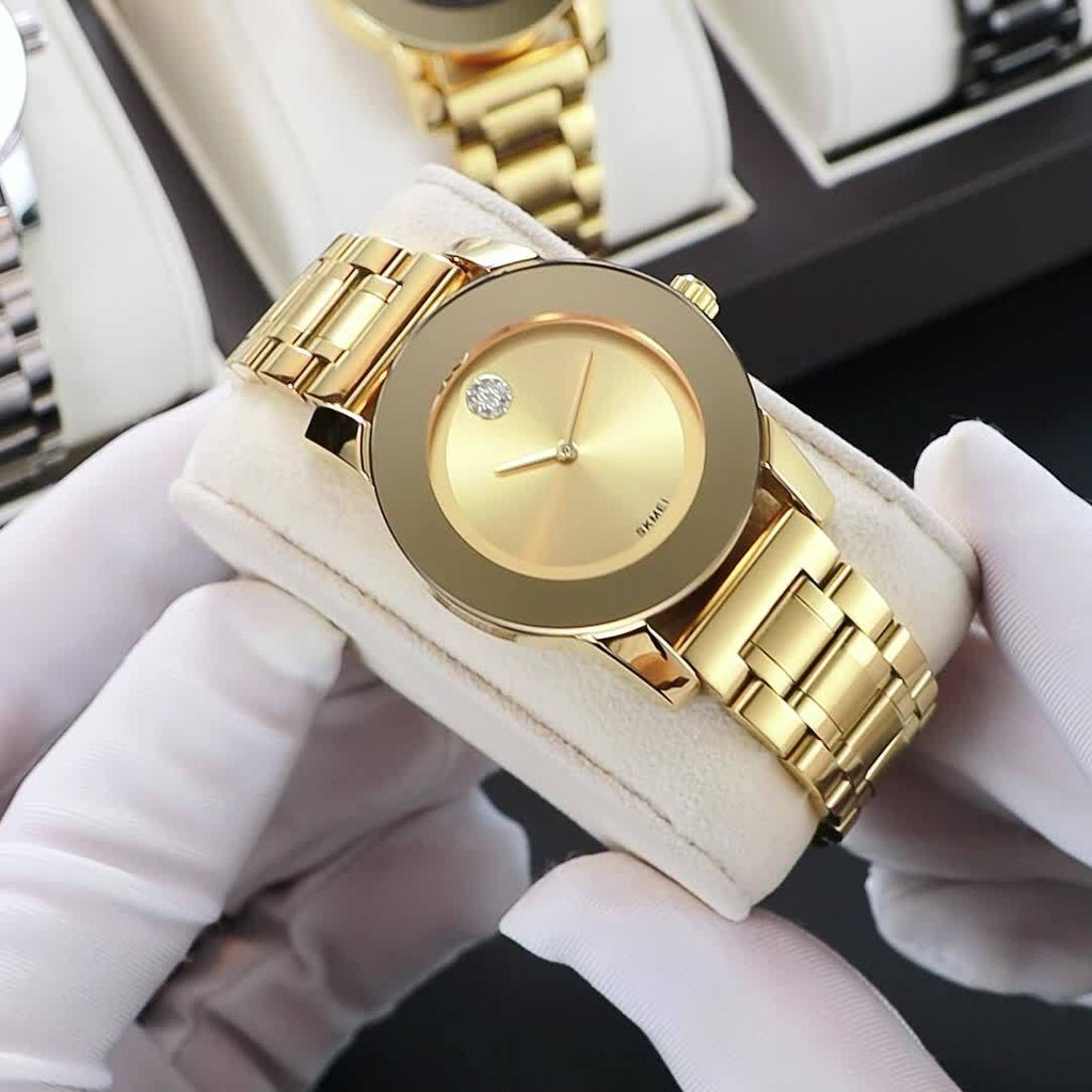 SKMEI Golden-Tone Zinc Alloy Case & Stainless Steel Band Quartz Watch - Black Dial with Accents, Classic Minimalist Design, Precise Quartz Movement, Unisex Casual & Formal Wear, Holiday Gift for Men & Women, Formal Timepiece, Elegant Style, Durable Constr