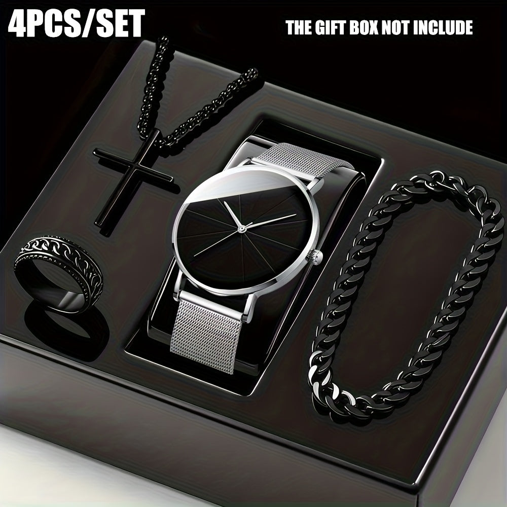 4pcs/set Men's Watch Jewelry Set, Cool Black Fashion Watch, Ring, Necklace, And Bracelet Set, The Best Gift Clock Jewelry Set, Without Box