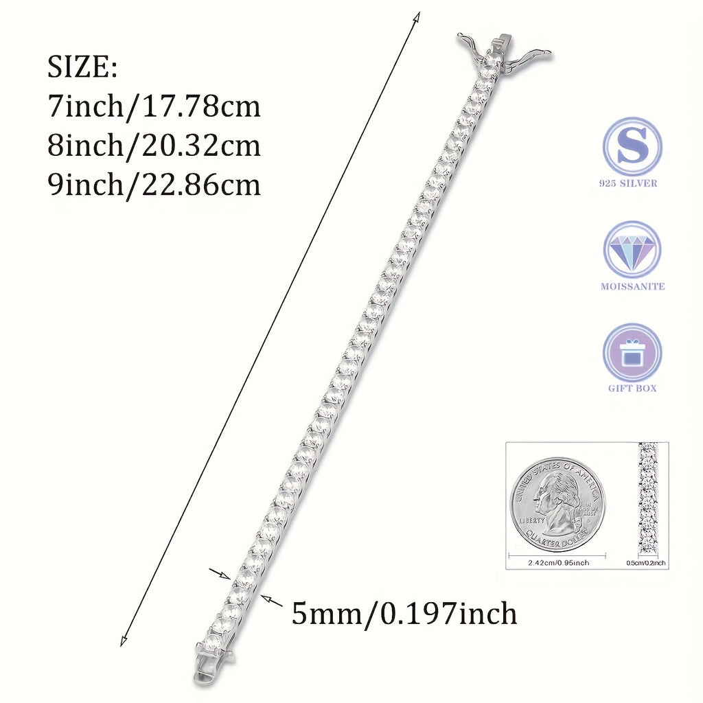 Tennis Bracelet, 925 Silver, 5Mm, Moissanite. Exquisite Jewelry Gift, Suitable For Banquets, Hip-Hop, Couple Style, Mother'S Day, Wedding Gift, Anniversary Gift, Christmas Birthday Gift.Total Weight Of The Product (0.65 oz)