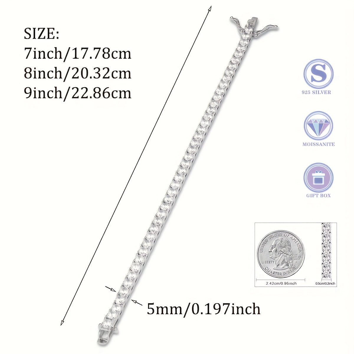 Tennis Bracelet, 925 Silver, 5Mm, Moissanite. Exquisite Jewelry Gift, Suitable For Banquets, Hip-Hop, Couple Style, Mother'S Day, Wedding Gift, Anniversary Gift, Christmas Birthday Gift.Total Weight Of The Product (0.65 oz)