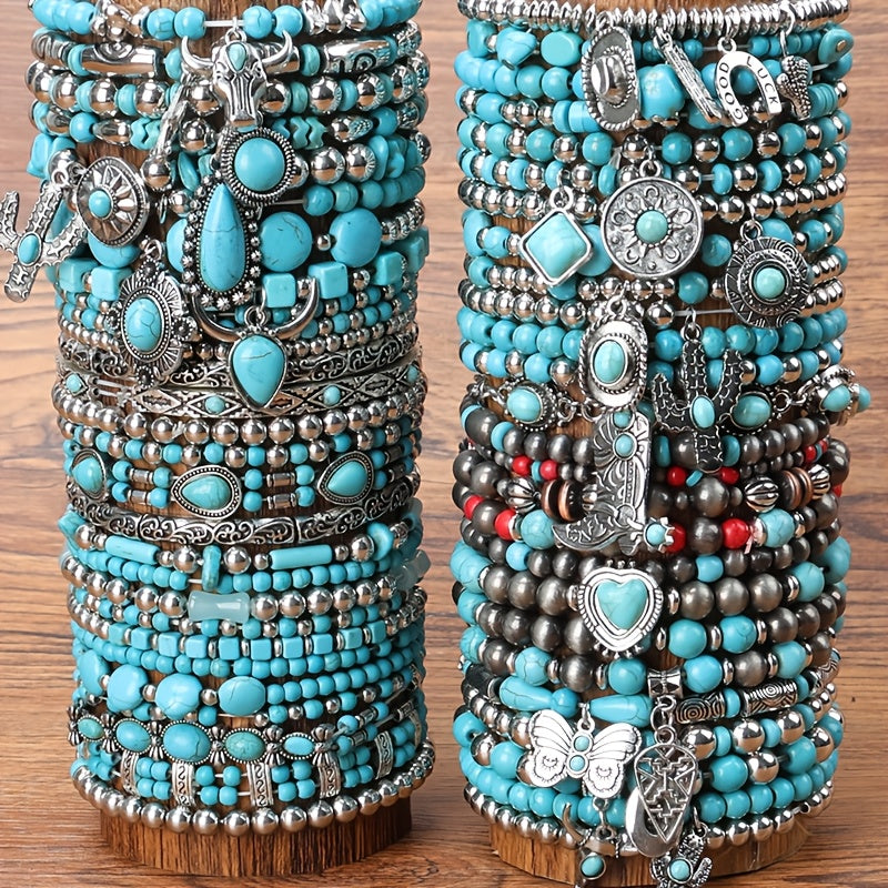 [Turquoise Beads & Charms] 5/16/19/24pcs Western Bohemian Vintage Turquoise Bracelet Set - Multilayer Stacked, Unisex Jewelry with Beads & Charms, Layered Design for Daily Wear, Party Music Festival, Perfect Daily Wear Or Holiday Gift