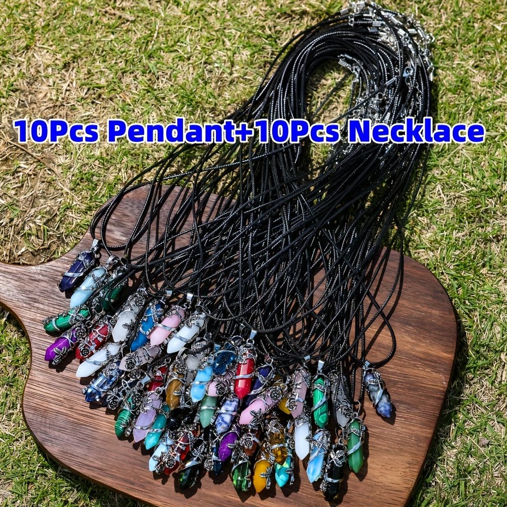20pcs Natural Stone Hexagonal Column Shaped Wrapped Flowers Pendants Necklace Set, 10pcs Hexagonal Column with 10pcs Rope for DIY Necklace Jewelry Craft Making, Leisure Accessories &