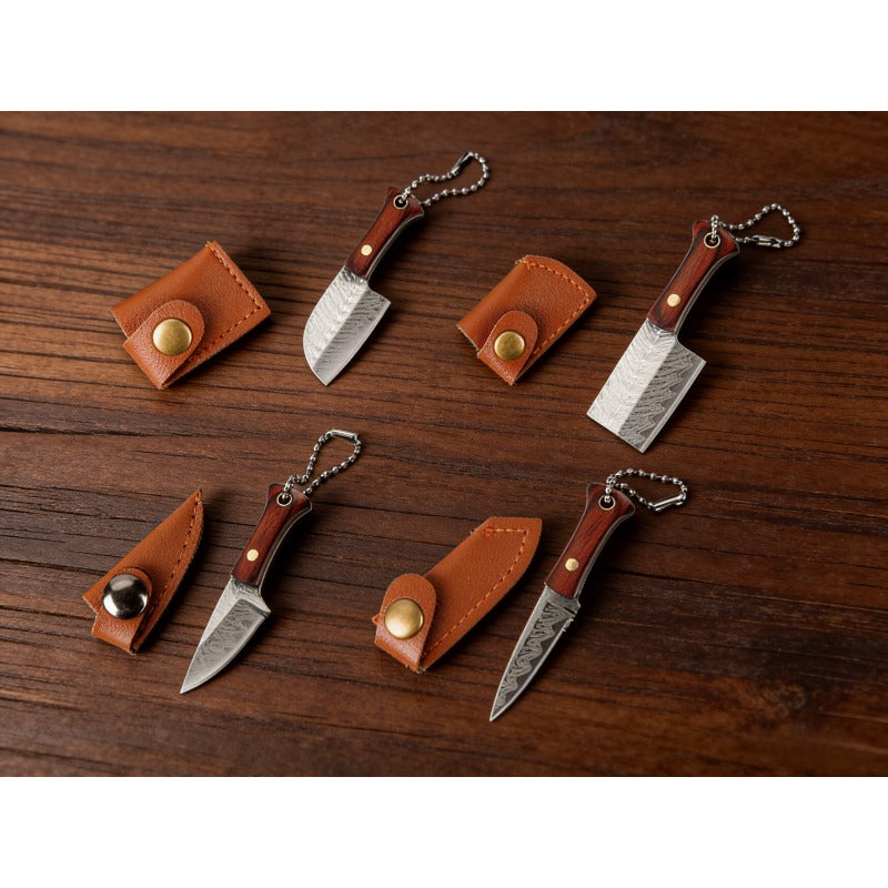 10pcs Random Premium Mini Knife Keychain Set (5 Knives And 5 Knife Sets), Damascus Pattern Pendant Blade, with Leather Cover, Stainless Steel, Non-Foldable, Straight Back, Flat Blade, Lightweight, Luxury Portable EDC Pocket Tool