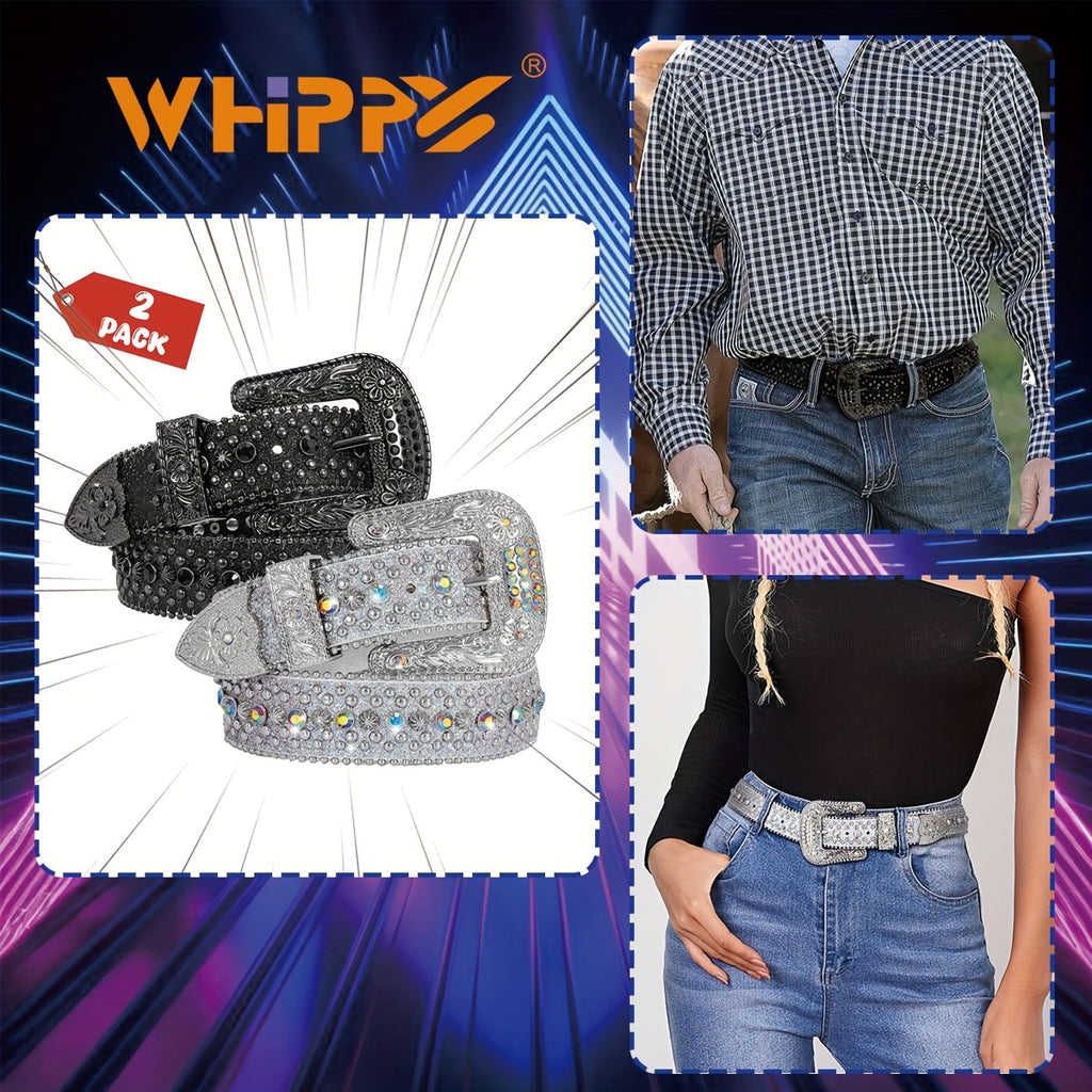 1Pack/2Pack WHIPPY Sparkling Rhinestone Men'S Belt - Made of Vegan Faux Leather with a Secure Buckle, Adjustable Dress Strap Suitable for Casual, Party, Or Festival Wear - A Unique Designer Gift for Him (Christmas, Birthday, Anniversary