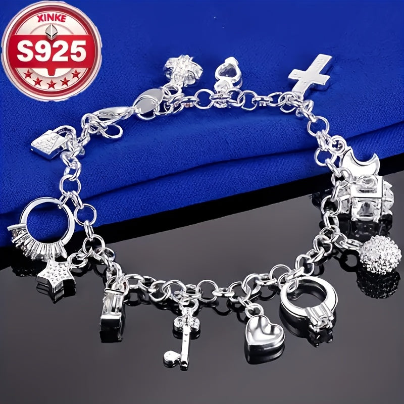 [Sterling Silver Charm Bracelet] 925 Sterling Silver Charm Bracelet for Women, Vintage Fashion Collection, Daily Wear Jewelry Accessory, Total Weight of the Product (2.5g)