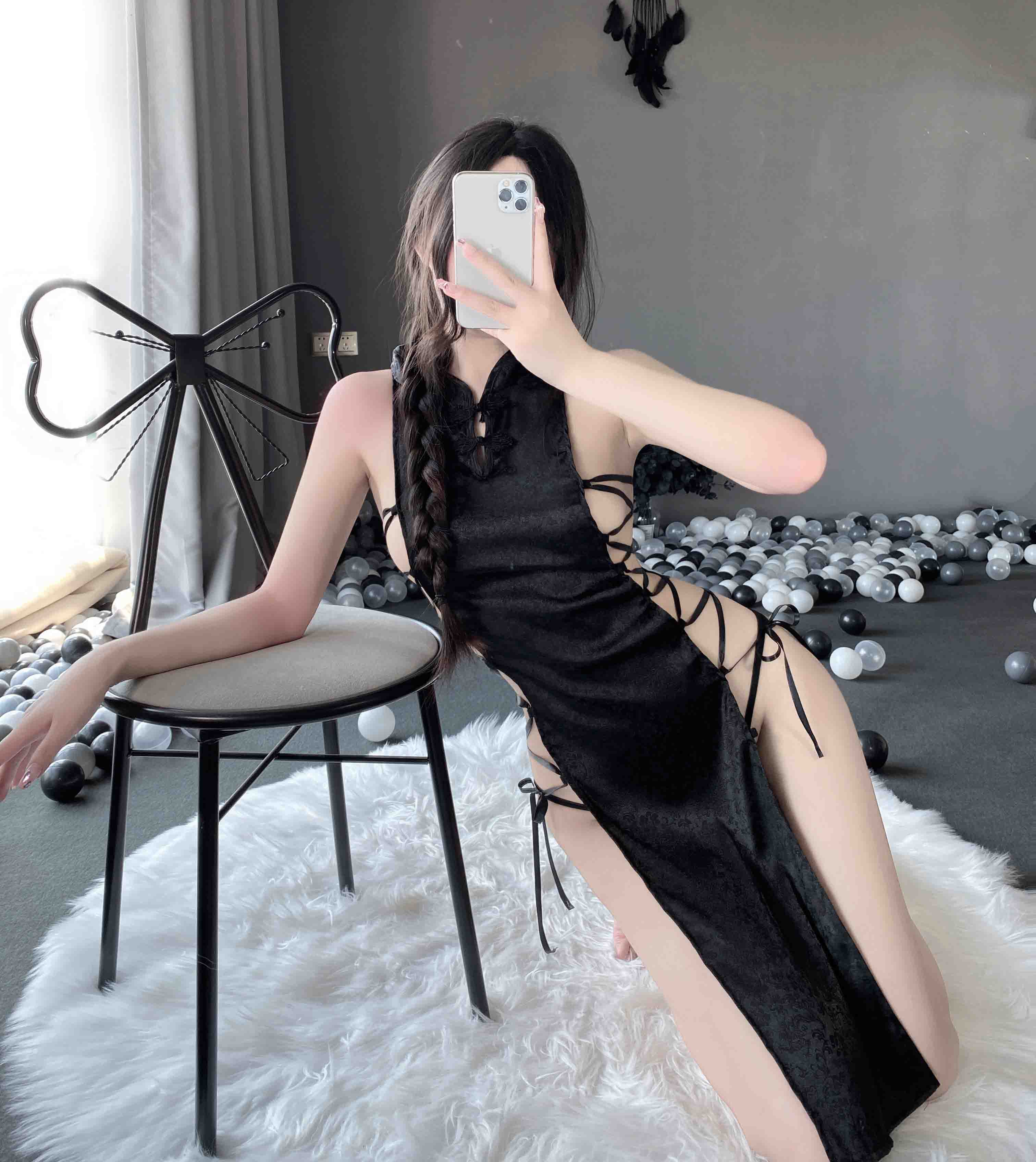 T-2384 Chinese buckle sexy seductive strappy high slit jacquard satin cheongsam nightdress