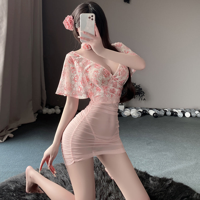 MY-9292  Sexy see-through deep V floral rose light tulle high-waisted hip skirt