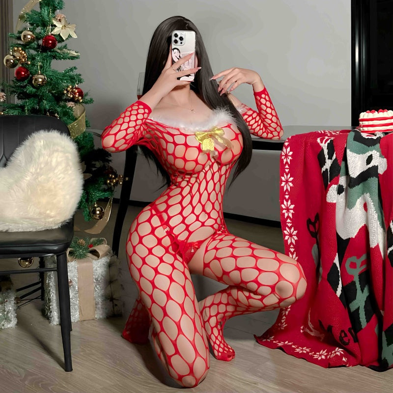SD-1123 Sexy plush big mesh Christmas one-piece net, long sleeves, straight shoulder, see-through open net stockings
