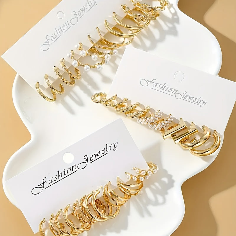 [Christmas] A Random Selection Of 18 Pairs Of Simple And Elegant Women's Fashion Hoop Earrings, Set With Imitation Pearls And Featuring A Heart-Shaped, Twisted, Geometric, Irregular Design. Perfect For Everyday Wear, Parties, Music Festivals And Christmas
