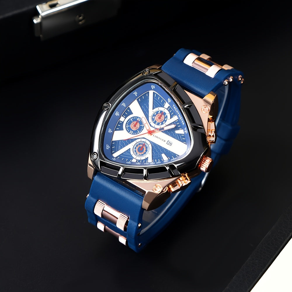 3pcs/set Fashion Quartz Watches For Men, Silicone Strap And Date Display Men Watches, Classic Triangular Dial Design Mens Watch For Casual And Sporty Wear Suitable For Any Occasion, Ideal Choice For Gifts Wrist Watch Reloj Para Hombre.