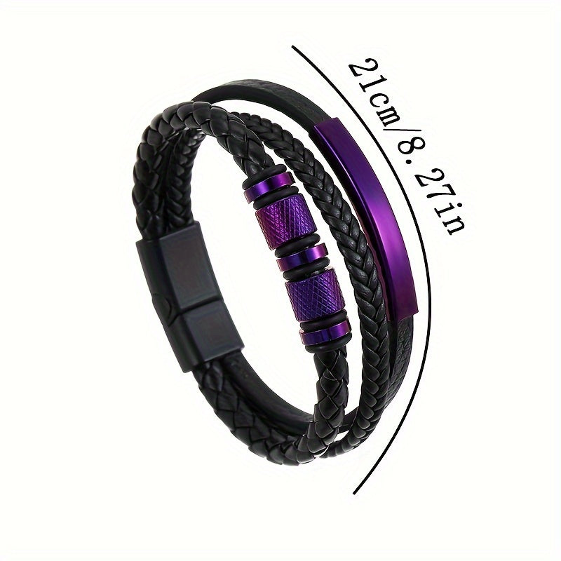 1 Purple Accessory, Leather Bracelet, Men's Woven Bracelet, Unisex Leather Bracelet.  PU Leather Magnetic Buckle Men's Party Strap - Fashionable Accessory, Durable Material, Easy to Wear Design Suitable for Casual Occasions