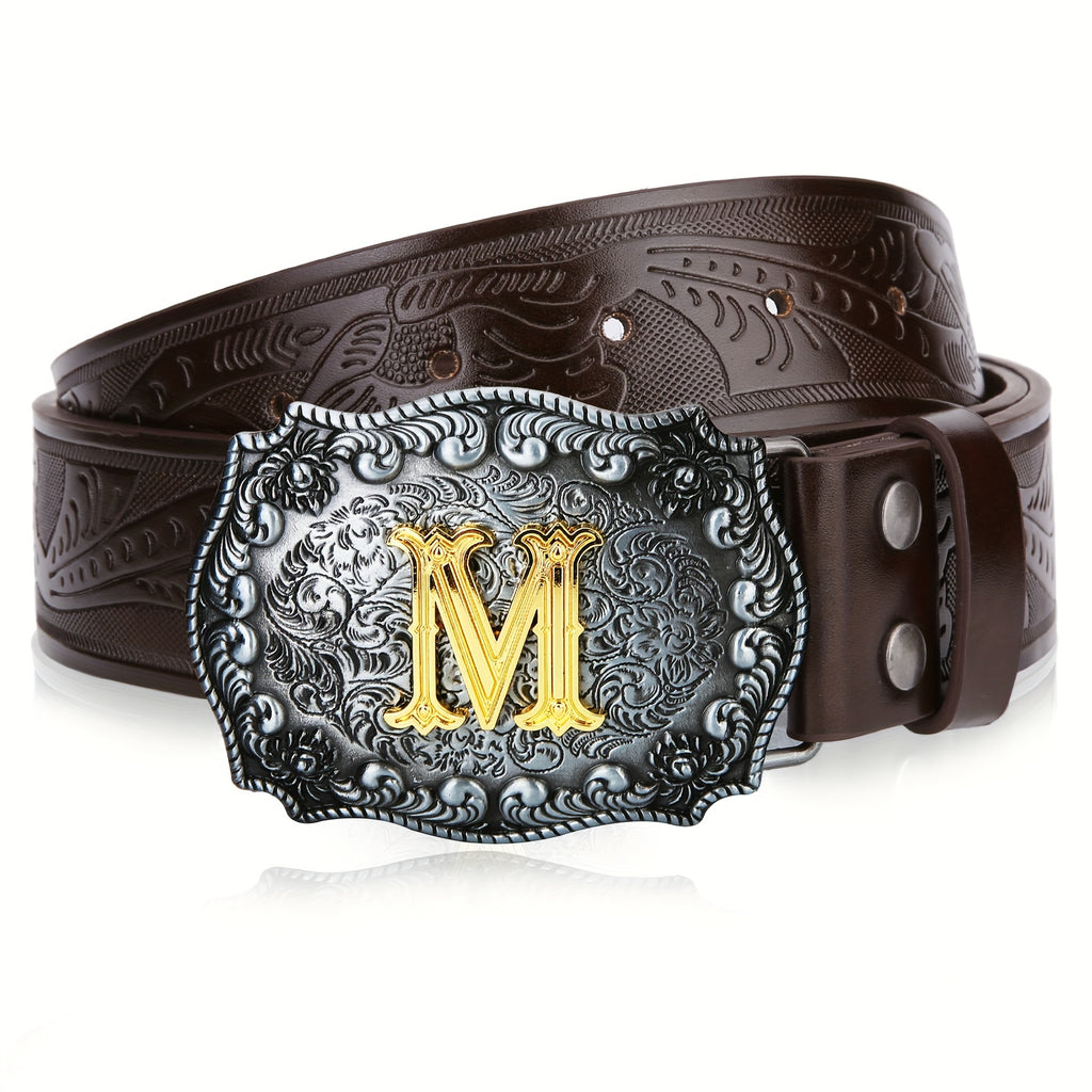 Mens Western Cowboy Cowgirl Embossed Floral Faux Leather Belt - Longhorn Bull Pattern Letter Big Buckle Belt - Stylish, Durable, Belts For Men