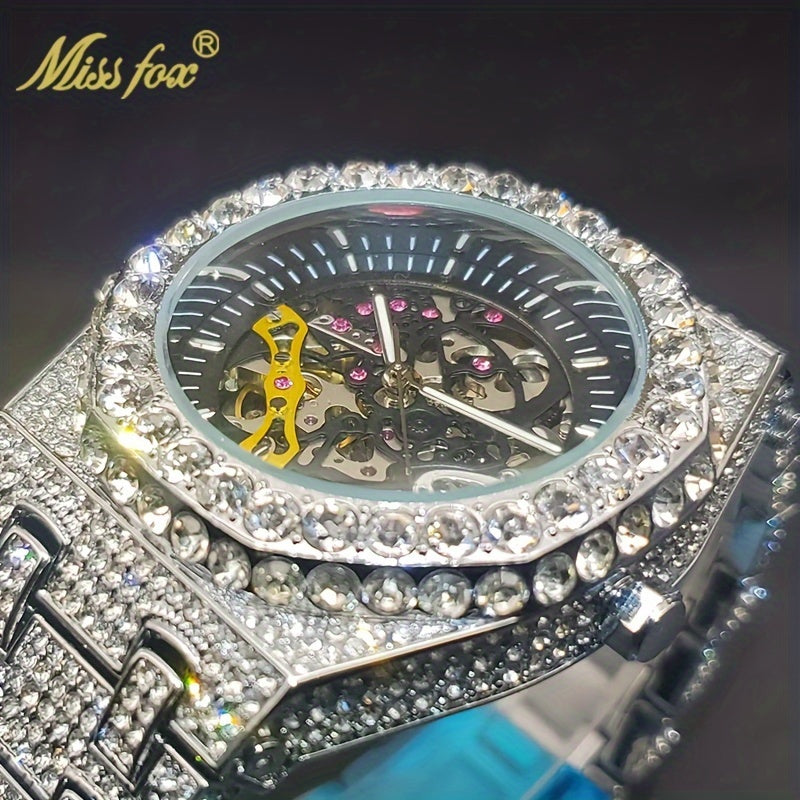 Men'S Luxury Wristwatch by Miss Fox Featuring a Golden Design with Rhinestones, Automatic Mechanical Movement, Round Analog Display, Embellished with Glitter, Zinc Alloy Band, And a Stylish Large Dial