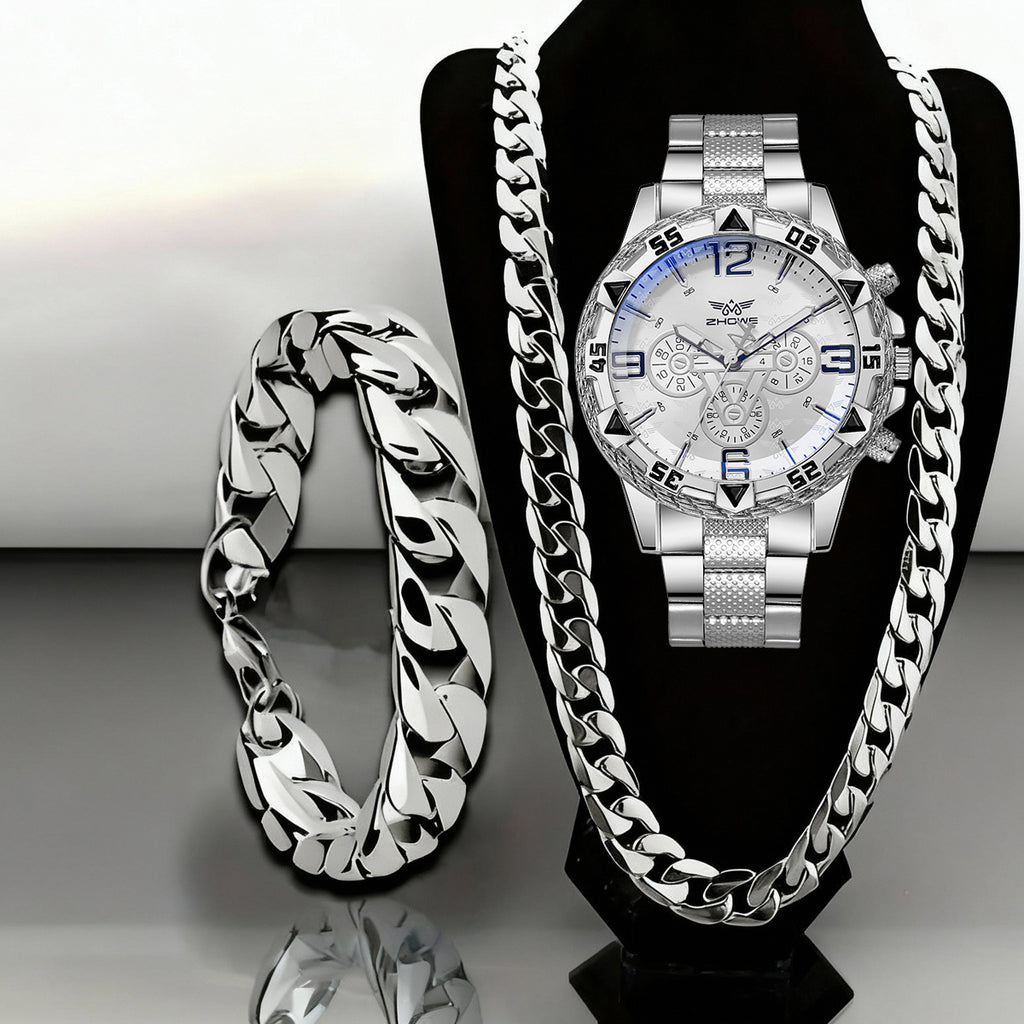 3pcs Luxury Men's Quartz Watch & Bracelet Set with Necklace - Stainless Steel Strap, Large Dial Analog Business Watches, Round Alloy Case - Durable Watch Gift Suitable for Christmas, Thanksgiving, Day of the Dead - Elegant Men's