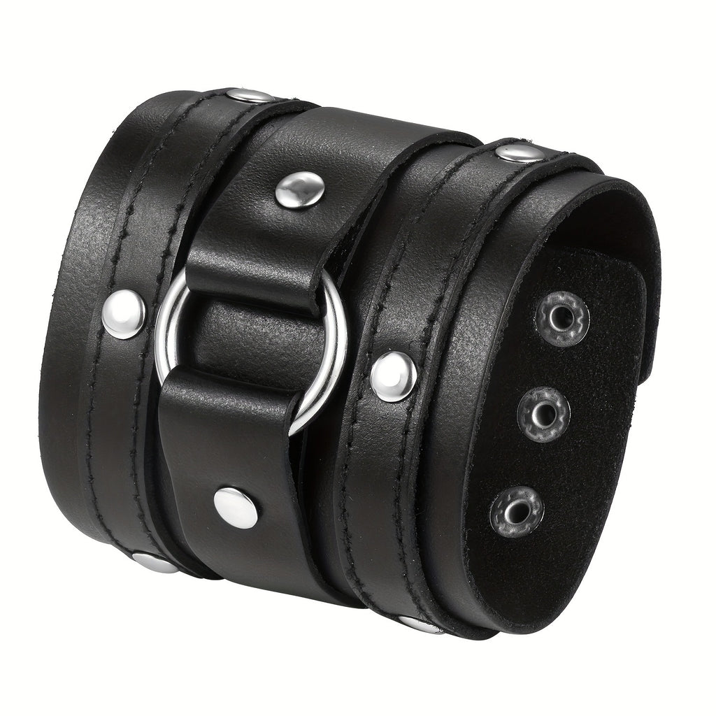 Flongo Men'S Punk Rocker Biker Bracelet Wide Faux Leather Straps Wristband Cuff