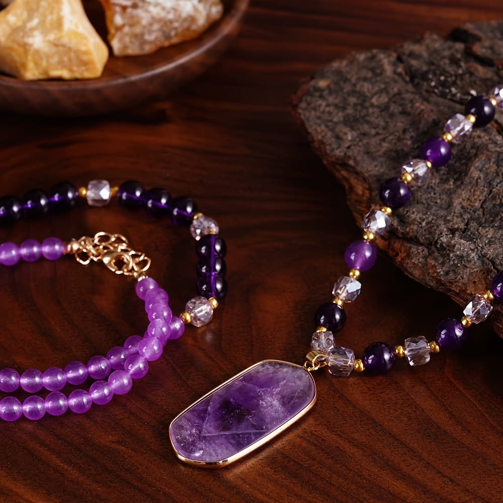 2pcs/Bohemian Style Vintage Natural Amethyst Double-Layer Necklace with Elegant Purple Natural Stone Pendant, Women's Jewelry, Suitable for Mother's Day and Daily Wear, Handicraft