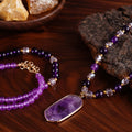2pcs/Bohemian Style Vintage Natural Amethyst Double-Layer Necklace with Elegant Purple Natural Stone Pendant, Women's Jewelry, Suitable for Mother's Day and Daily Wear, Handicraft