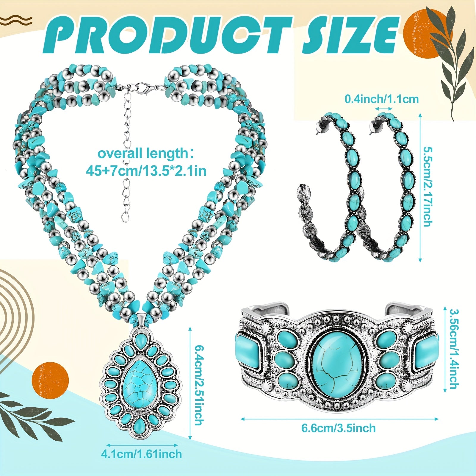 3pcs Western Jewelry for Women Bohemian Set, Boho Pendant Long Choker, Layered Bracelet, Dangle Earrings for Gifts Mother, Friends