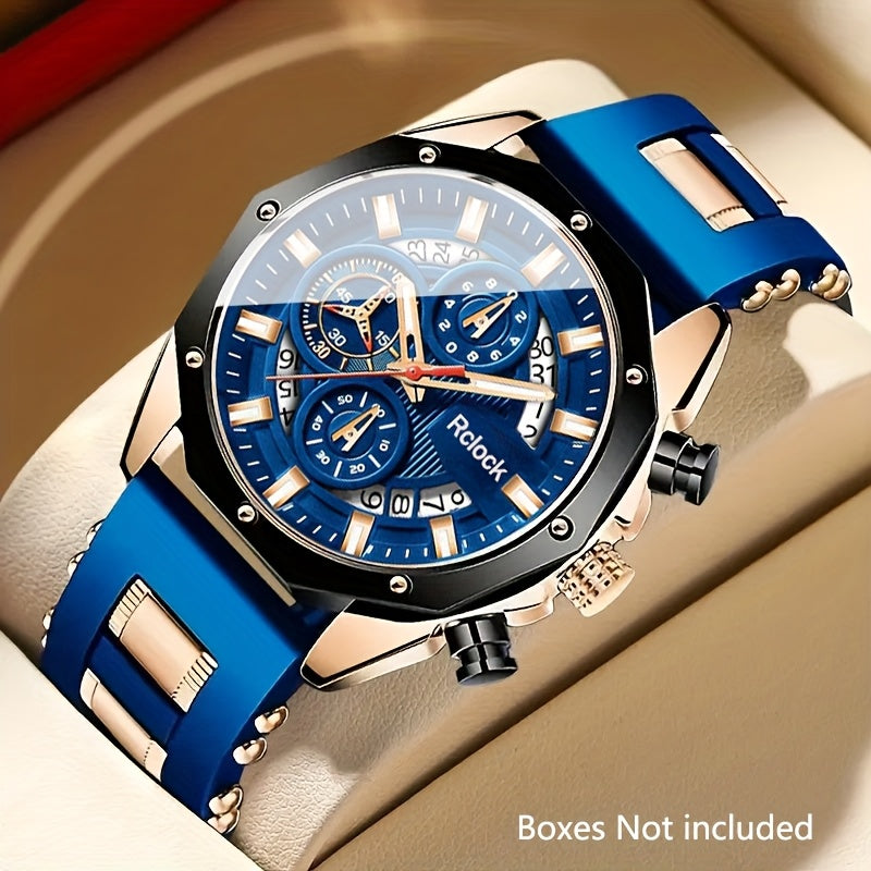 1pc Men'S Vintage Sports Chronograph - Large Round Dial, Silicone Strap, Quartz Movement, Calendar Function, Non-Waterproof Zinc Alloy Case, Battery-Powered Electronic Drive, Perfect Gift for Him