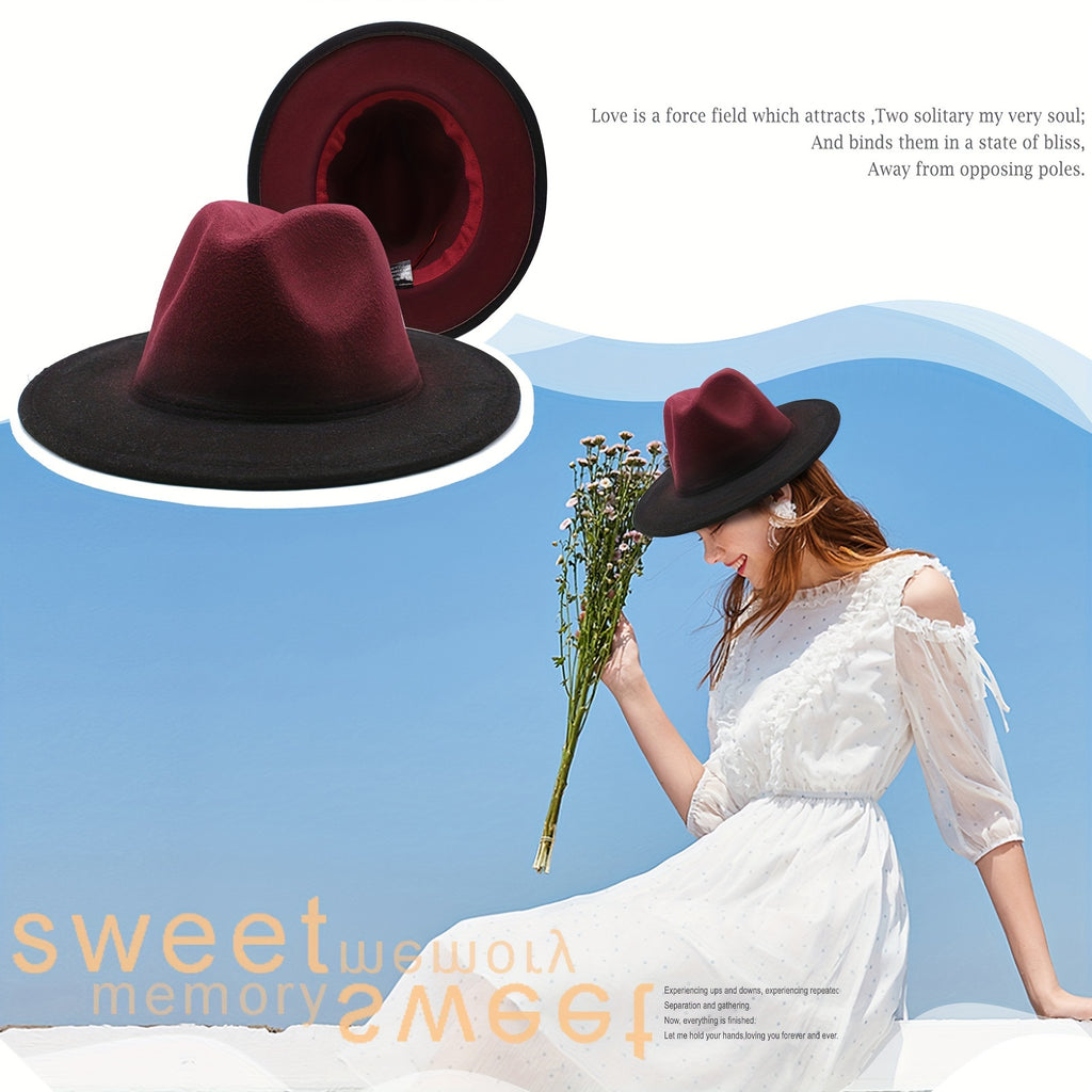 [Classic Two Tone Hat] Flongo Women Men Classic Two Tone Gradient Color Wide Brim Fedora Hat Jazz Panama Cap