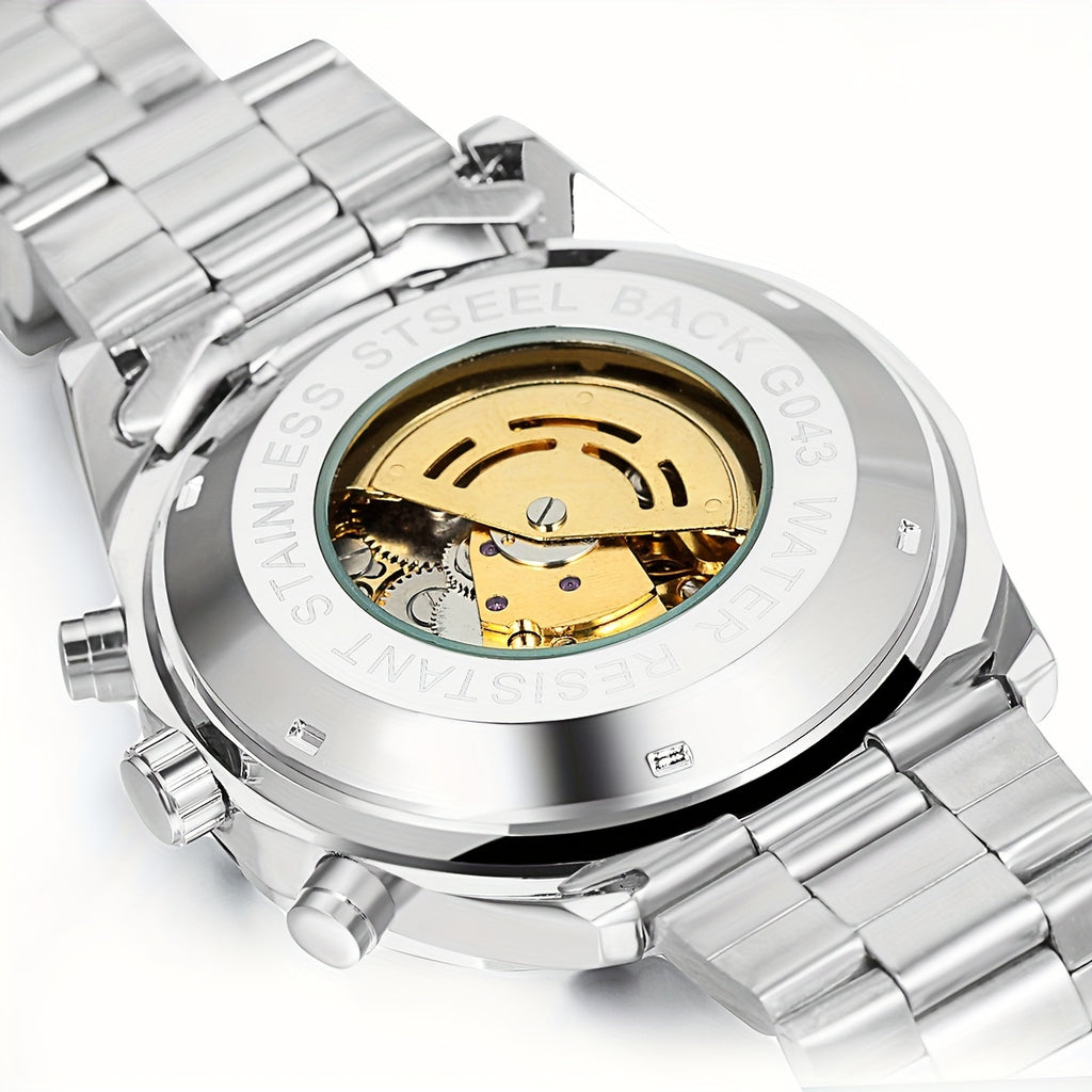 [Automatic Skeleton Watch] Jewelrywe Men's Self-Winding Watch Stainless Steel Band Automatic Mechanical Skeleton Wristwatches, Without Battery