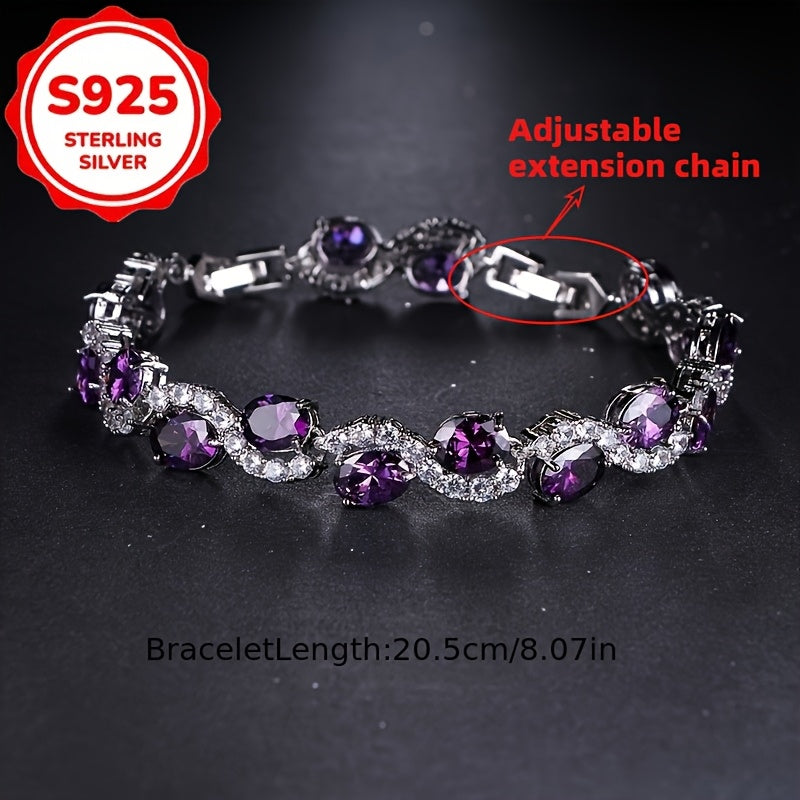 S925 Silver Sparkling Luxury Purple Oval Chain Bracelet - Exquisite Craftsmanship and Dazzling Artificial Crystal - Fashion Accessories for birthdays and anniversaries