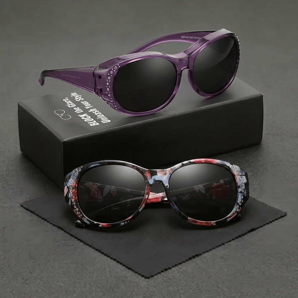 2PACKS Women's Polarized Fit Over Fashion Glasses for Prescription Glasses - Rhinestone Accent Wraparound, Polarization for Glare, Compatible with Eyeglasses (No Adapter/Device Needed)