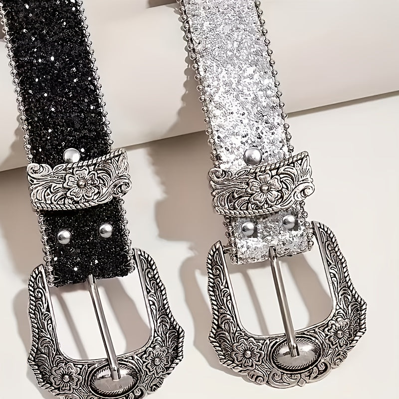 Luxurious Sparkly Sequin Belt | Black Silvery Western Punk Style Rhinestone-Embellished Belt with Rivet Decorations, Exquisitely Carved Silvery Buckle & Adjustable Holes | Daily Fashion Metal Accent for Halloween, Summer, School, Autumn, Halloween
