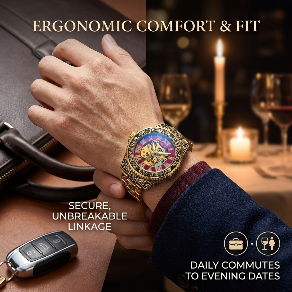 1pc Men'S Red Steel Belt Watch Featuring a Retro Design, Unique Fashion, And Luminous Carved Mechanical Elements, Without Battery